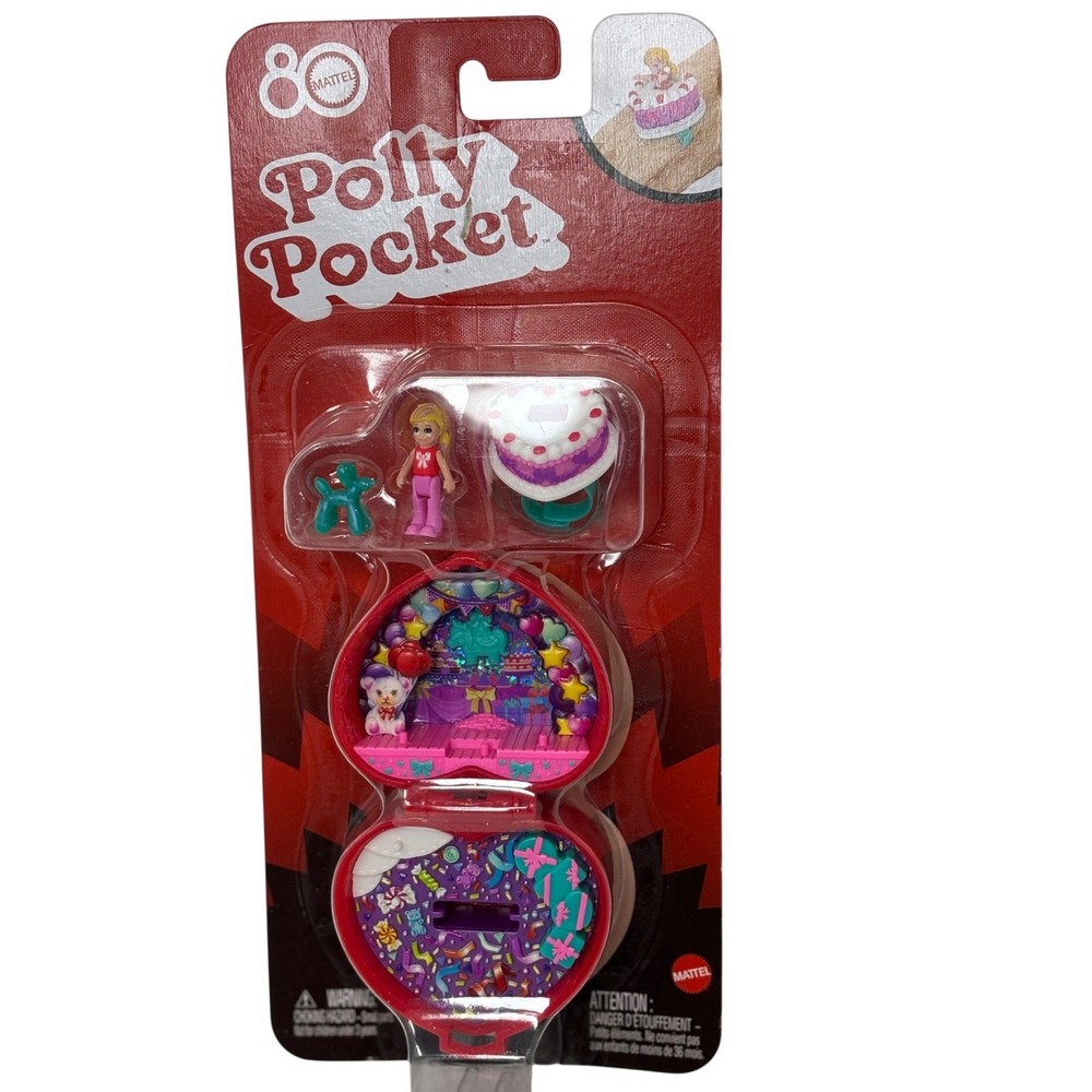 Mattel Polly Pocket 80th Anniversary Birthday Heart Compact Doll Ring Set New